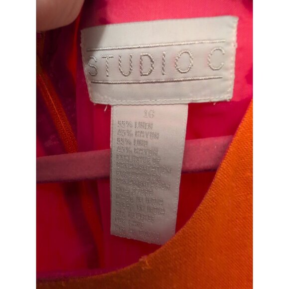 Studio C Maxi Sheath Dress Sz 16 Linen Blend Back Zip Orange Embroidered Y2K Vtg - Picture 4 of 8